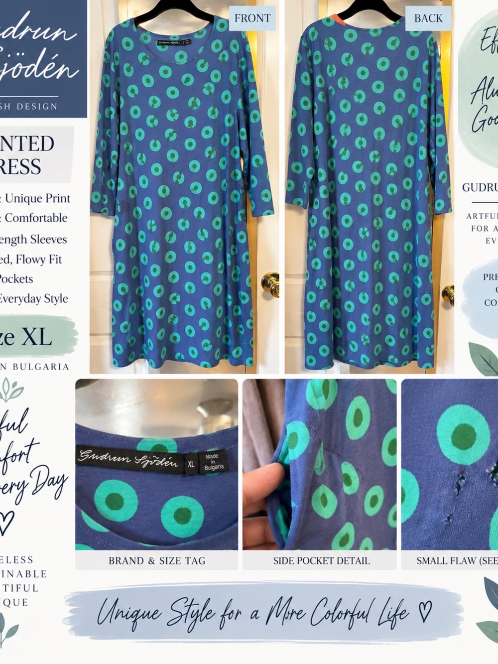 Gudrun Sjoden Blue Dress with Green Dot Print